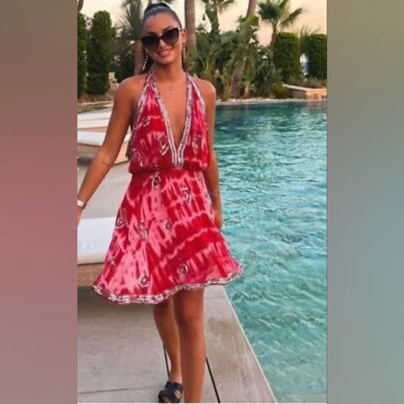 Red Tie-Dye Plunge Dress - Picture 2 of 8